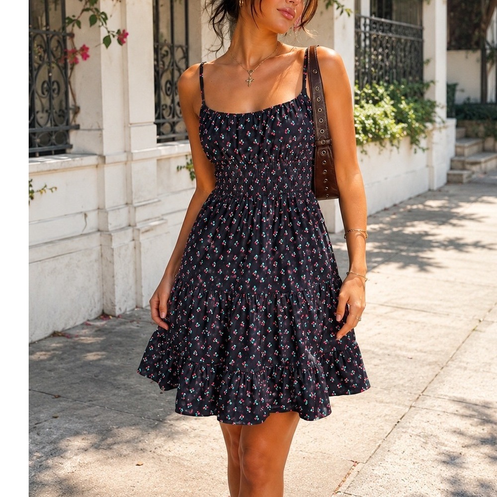 Liberty Love Black Cherry Print Babydoll Smocked Tiered Mini Dress Coquette Sz M